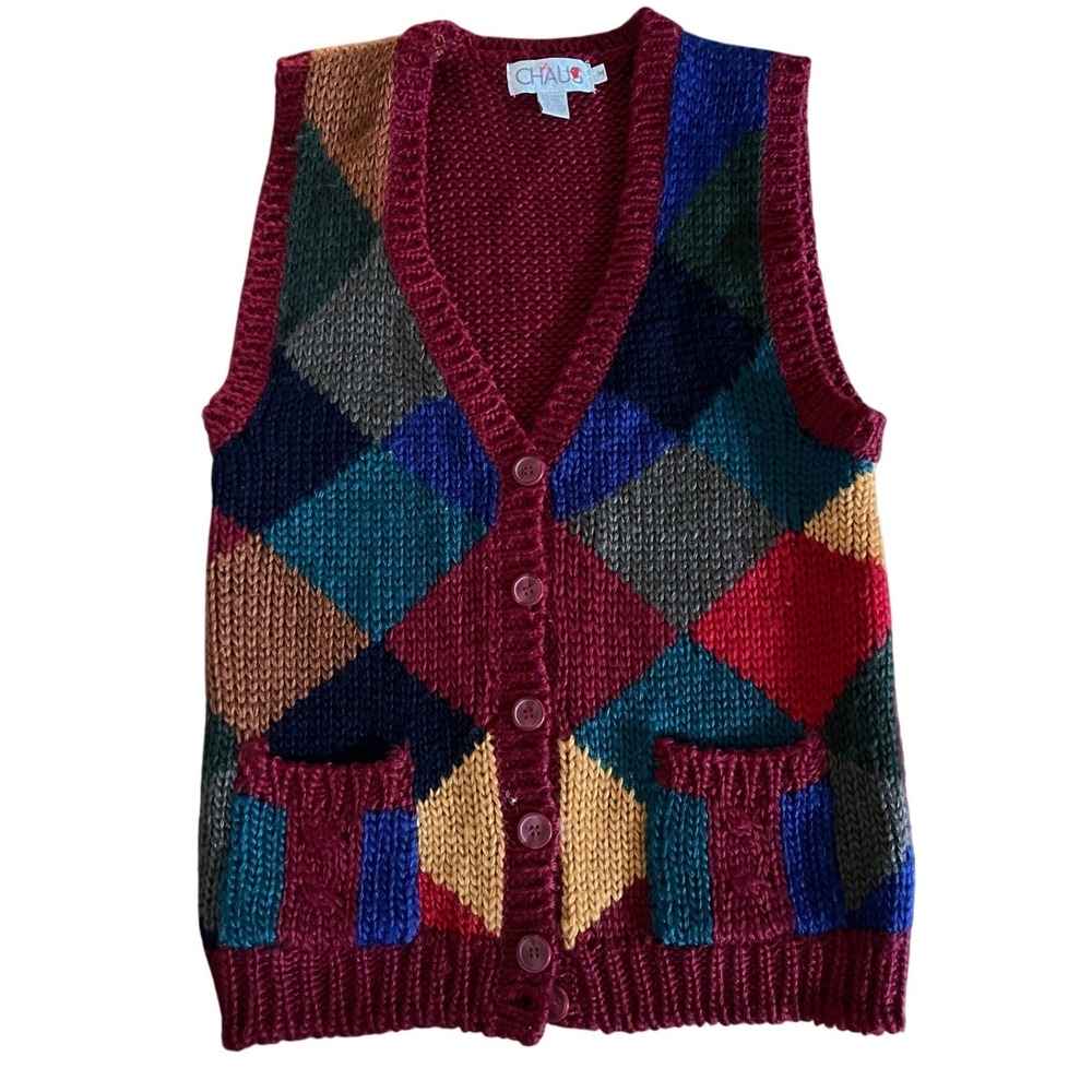 Vintage Chaus Women Argyle Knit Sweater Vest Med Red Blue Yellow Preppy Grandma